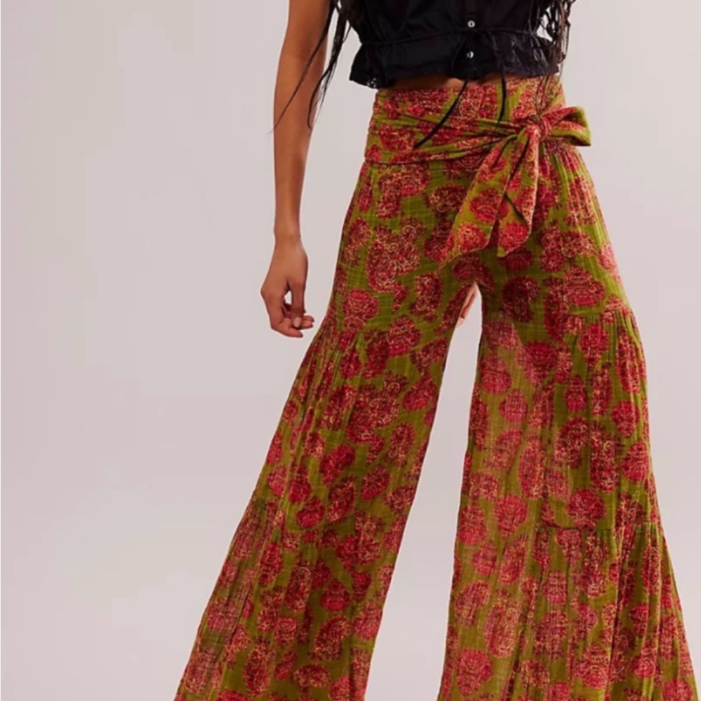 Free People Green and Pink Wide-Leg Pants